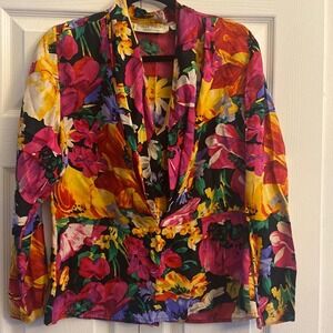 Michelle Stuart Womens 8 Silk Floral Long Sleeve Top Blouse Bold Colorful